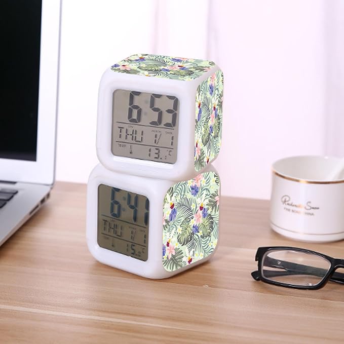 Digital Alarm Clock,Orchid Flower with Tropical Palm Leaf 7 Color Change LED Digital Alarm Clock with Date Thermometer for Toddlers,Girls and Boys