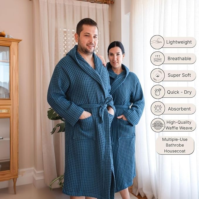 Unisex Hooded Waffle Robe for Women & Men 100% Turkish Cotton | Quick-Dry Bathrobe | Cozy Housecoat for Lounging
