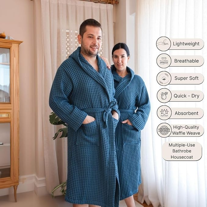 Unisex Hooded Waffle Robe for Women & Men 100% Turkish Cotton | Quick-Dry Bathrobe | Cozy Housecoat for Lounging