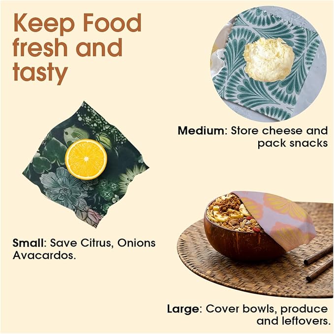 Hive & Seal Beeswax Wraps, Small Medium Large Sizes, Sustainable Reusable Food Storage, Washable