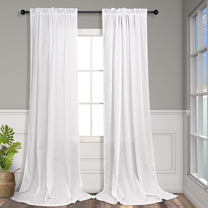 Pitalk Farm House Curtains 5 FT Wide by 84 Inches Long for Bedroom Fabric Sheer Linen Large Drape Light Extra Wide Curtain for Living Room Farmhouse 2 Panels Back Tab & Rod Pocket 60 x 84 Length White
