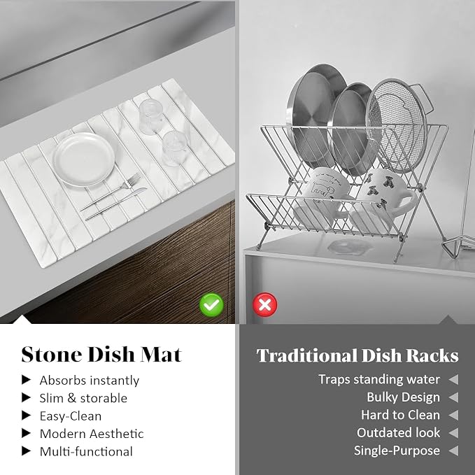 2 PCS Extra Large Stone Dish Drying Mats for Kitchen Counter, 28"(L)×16"(W) Dish Drying Mat with 8"x 4" Coasters, Eco-Friendly Diatomite Dish Drying Mat - Fits All Countertops - White Marble