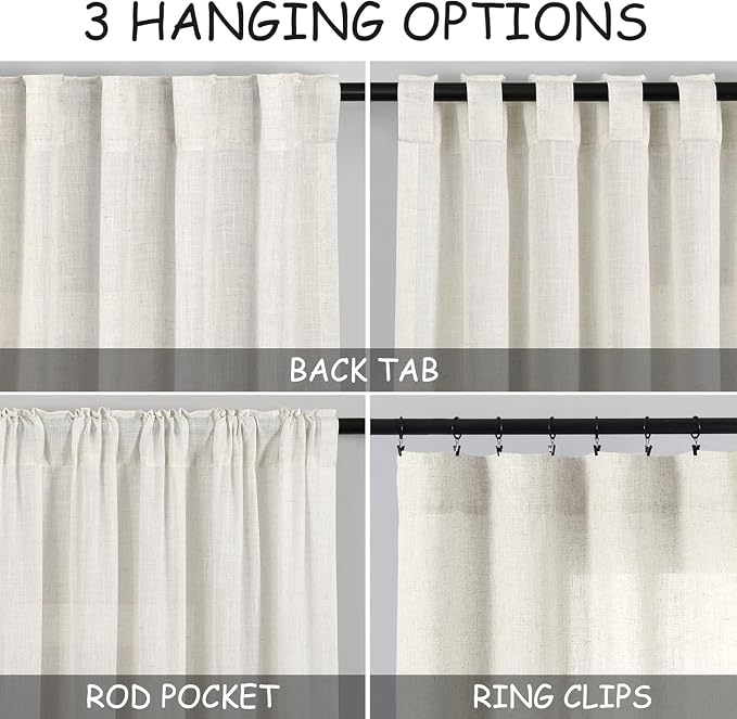 Nanspring Short Linen Kitchen Window Curtains 36 Inch Length, Over Sink Modern Neutral Cream Semi Sheer Back Tab and Rod Pocket Drapes for Basement Bathroom Curtains, 2 Panels, 34 x 36 Inch