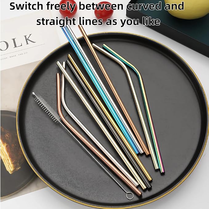 Heavy Duty 304 Stainless Steel Reusable Straw Set, 8 Pack Multi-Color Smoothie Straws with Travel Pouch & Cleaner, Dishwasher Safe Eco- (Golden-beige bag,8pc)