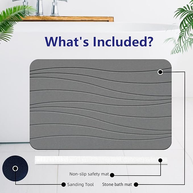 Fast Drying Stone Bath Mats for Bathroom, Non-Slip Diatomaceous Earth Bath Mat, Super Absorbent Bath Mat Stone Dark Gray Wave