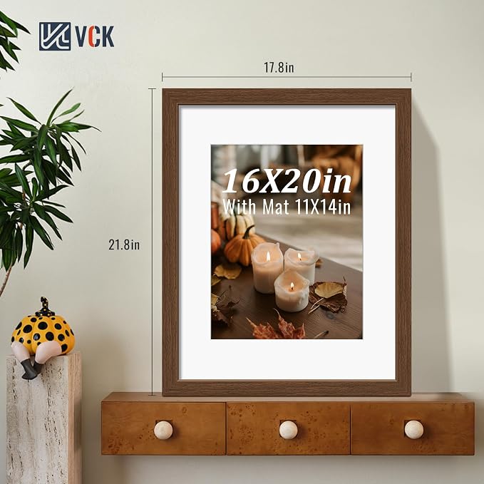 VCK 16x20 Picture Frames Brown 3 Pack, Wide Border Wood, Tempered Glass, Display 11x14 Photo with Mat or 16 x 20 without, for Home, Office, Gallery, Woodgrain Series, Wall Hanging