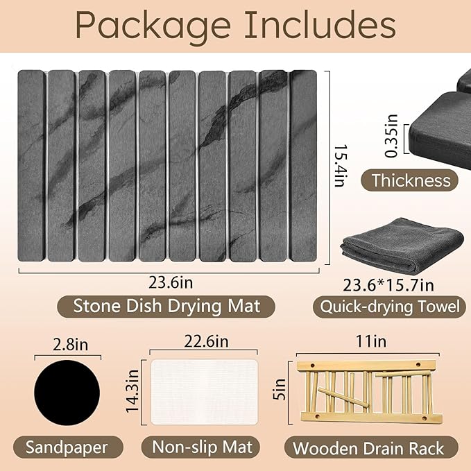 Large Stone Dish Drying Mat for Kitchen Counter, Collapsible Marbled Quick-Dry Diatomaceous Earth Mat with Dish Rack and Towel, Versatile Drying Mats for Kitchen Utensils (Dark Gray 23.6"×15.4")