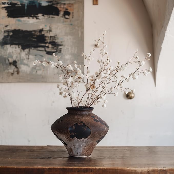 Rustic Wabi Sabi Rusty Vintage Vase - 6.7'' Wabi Sabi Decorative Farmhouse Pottery Flower Vase, Brown Ceramic Vases for Home Decor, Table, Centerpiece, Shelf, Entryway, Living Room, Bedroom, Bathroom
