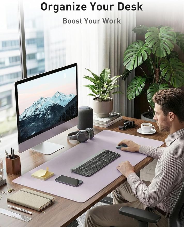Aothia Faux Leather Desk Mat - Non-Slip PU Leather Desk Blotter, Waterproof Writing Surface, Large Desk Pad for Office & Home (Soft Lavender, 55" x 24")