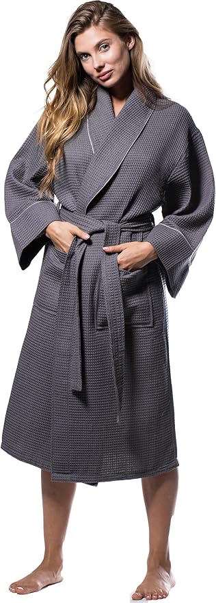 Turquaz Lightweight Waffle Knit Kimono Bathrobe - Soft Cotton Blend Spa Robe, Fast-Drying Full-Length Unisex Robes for Women