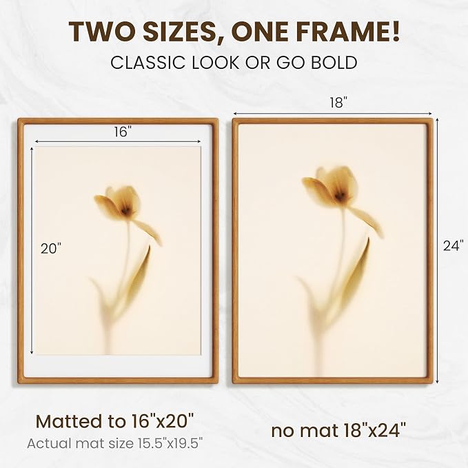 18x24 Picture Frame, USA-Sourced Teak Wood Frame 18x24, Large Poster Frame with High Tempered Glass, 18 x 24 Picture Frame Matted to 16x20 Photo for Art & Poster Display, 1 Pack