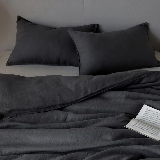XZ XIFA 100% Linen Bedding Set: Cooling & Breathable King Size Duvet Cover in Dark Grey. Made from Natural Washed French Flax for a Soft, Textured Feel. Complete with 1 Cover and 2 Pillowcases