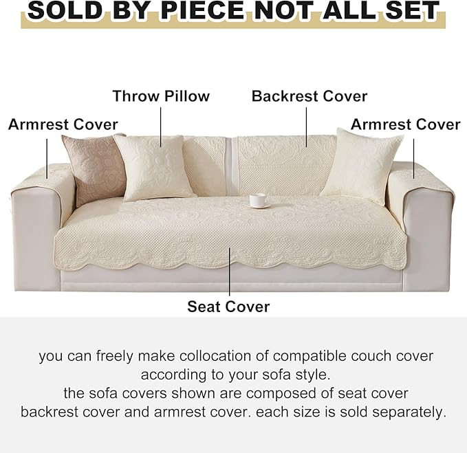 vctops Boho Cotton Quilted Couch Cover Soft Embroidered Sofa Cover Non-Slip Dog Bed Cover Scalloped Sofa Slipcover Washable Furniture Protector Cover (Cream,36"x70")