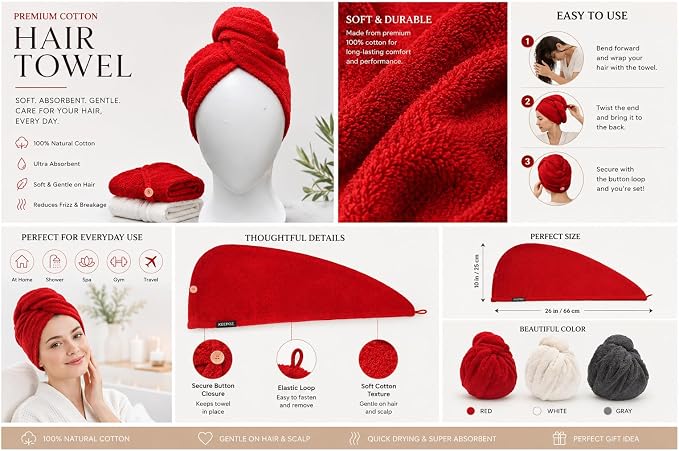 KEEPOZ Hair Towel Wrap Quick Dry 100% Cotton Super Absorbent Turban Head Wrap for Women with Button, Non Microfiber Anti Frizz Hair Products, Hair Cap for Curly, Long & Thick Hair (Red, 1 Pc)