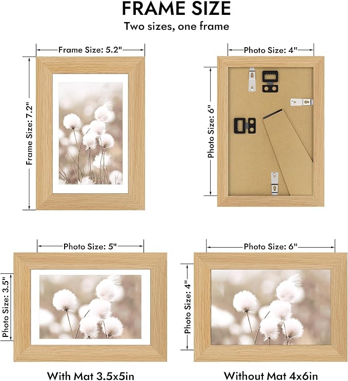 Hongkee 4x6 Oak Wood Picture Frame 1 Pack(Matted 3.5x5), Real Glass Cover | Natural, 4 x 6 Solid Wood Frame for Wall or Tabletop Display - Includes Easel Back, Vertical Hang - Ideal for Home, Office