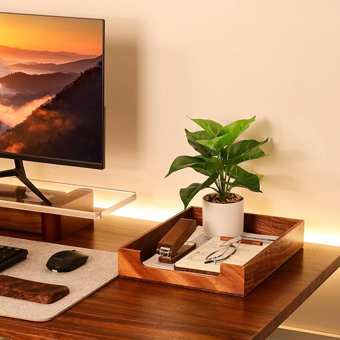 Multibey Walnut Wood Letter Tray for Desk, A4 Paper File Holder Organizer with Rounded Corners, Paper Document File Tray Storage Holder for Office & Home School, Black Walnut