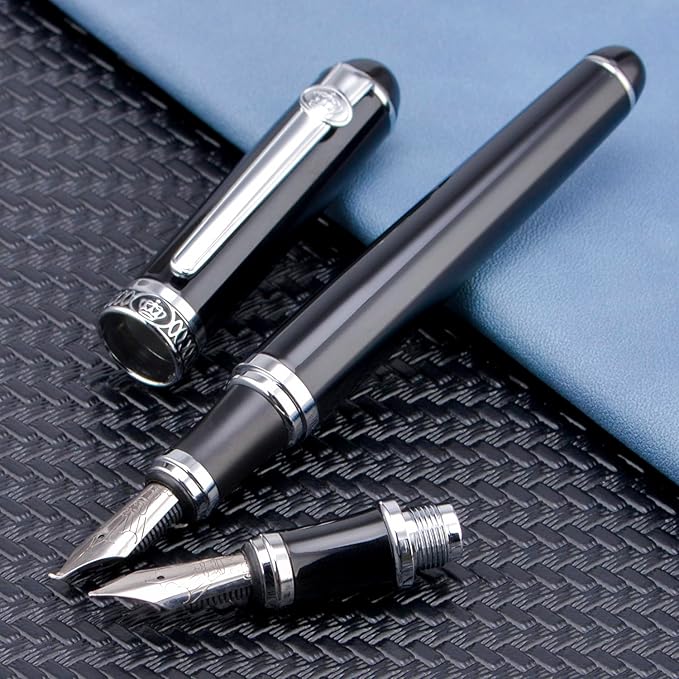 Lanxivi Duke D2 Fountain Pen Black Silver Trim Fine Nib with Additional Fude Nib (Bent Nib) and Converter Calligraphy Art Pen Set