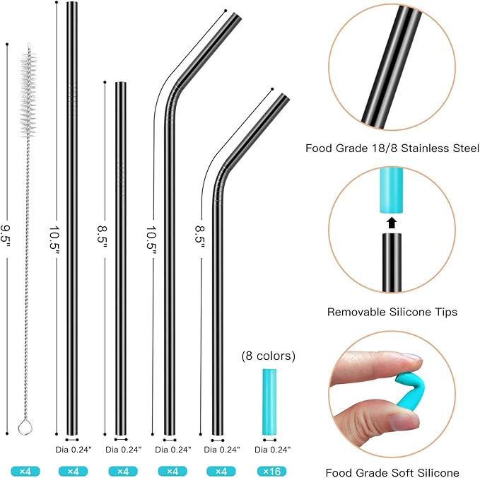 StrawExpert Set of 16 Reusable Stainless Steel Straws with Travel Case Cleaning Brush Silicone Tips Eco Friendly Extra Long Metal Straws Drinking for 20 24 30 oz Tumbler, Black