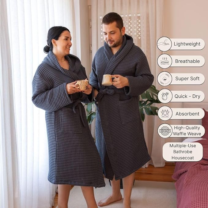 Unisex Hooded Waffle Robe for Women & Men 100% Turkish Cotton | Quick-Dry Bathrobe | Cozy Housecoat for Lounging