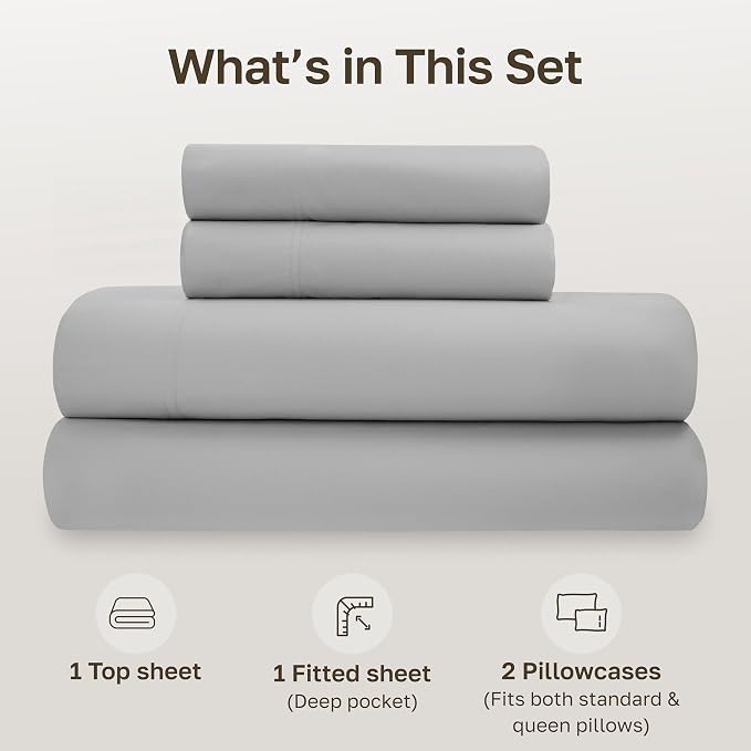 California Design Den Queen Bed Sheets - Soft 100% Organic Cotton Sheets with Deep Pockets, Crisp Percale, Breathable and Durable Bedding Set - Light Grey
