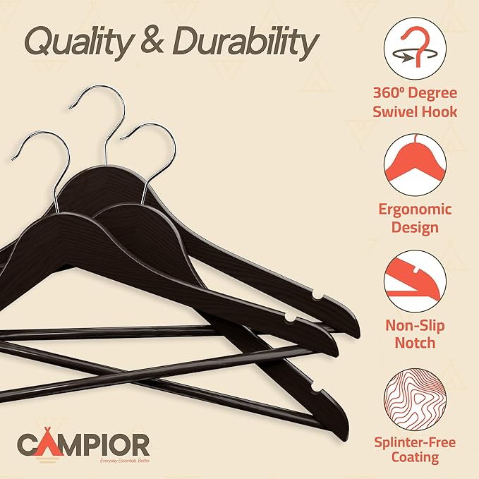 Brown Wooden Hangers 20 Pack – Heavy-Duty with 360° Swivel Hook, Non-Slip, Pants Bar & Shoulder Grooves - Wooden Hangers for Suits, Jackets, Dresses & Camisoles, Space-Saving and Smooth Finish