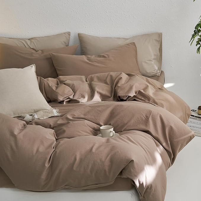 MooMee Queen Duvet Cover Set, 100% Washed Cotton Linen Like Twill Thick Sturdy Material Super Soft Breathable Durable Bedding for All Season, 3 Pieces (Bombay Brown, Queen 90"x90")