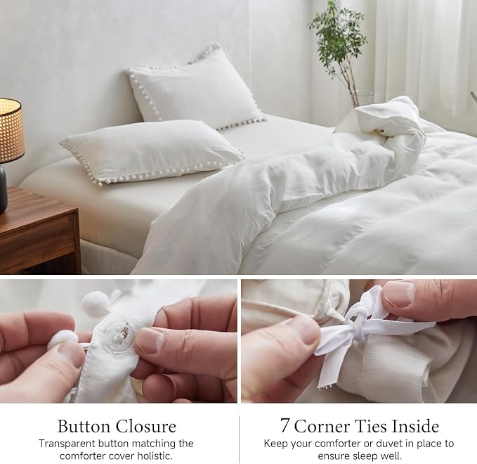 Simple&Opulence French Linen Blended Duvet Cover Queen, Flax Viscose Derived from Bamboo Bedding Set with Pom Pom Trim Soft Cooling for Hot Sleepers, 1 Boho Comforter Cover and 2 Pillow Shams, White