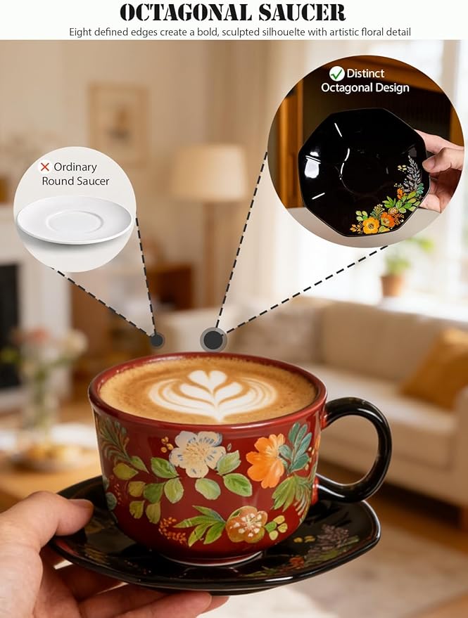 Red Floral Coffee Cup and Saucer Set, 9.5 oz (280ml) Ceramic Tea Cup with Saucer, Glossy Finish Vintage Botanical Mug for Espresso, Cappuccino, Latte, Home Kitchen, Office, Gift for Women