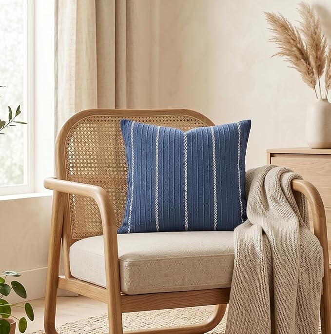 SanVia Cotton Throw Pillow Covers 20x20 – Handwoven Jacquard Texture, Fade-Resistant, No Pilling – Hidden Zipper, Decorative Cushion Cover for Sofa, Couch, Bed – Insert Not Included (Striped, Blue)