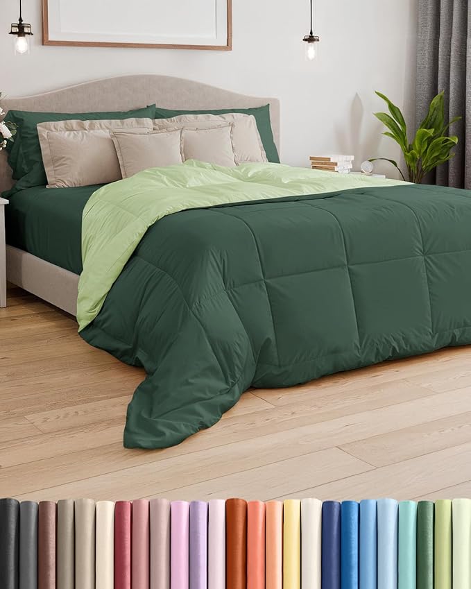 Full Size, Emerald/Light Sage Green Alternative Down Comforter - Warm & Breathable Hotel Quality Bedding for Men, Women, Kids & Teens - All Season Oversized Cooling Microfiber Duvet Insert Comforter