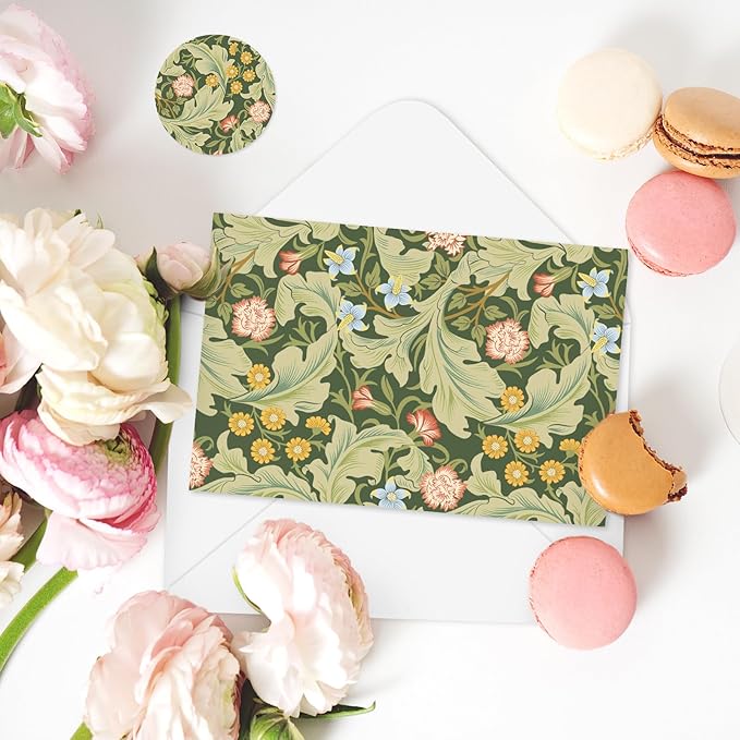 Whaline 40 Packs William Morris Greeting Cards with Envelopes Stickers Vintage Greenery Stationery Card Green Leaves Flower Blank Note Cards for Birthday Baby Shower Party Supplies, 4 x 6 Inch