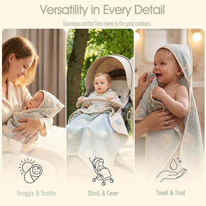 Ultra-Soft Muslin Baby Hooded Towel - 32 x 32 Inches, Ideal for Bath & Beach, Suitable for Both Boys & Girls from Newborns to Toddlers