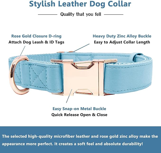 Soft Leather Dog Collar and Leash (6.6') Set - Stylish Rose Gold Heavy Duty Metal Buckle, 4 Adjustable Lengths Leash for Small Medium Large Dogs - Comfortable & Easy to Clean Light Blue L(15.4"-24.8")
