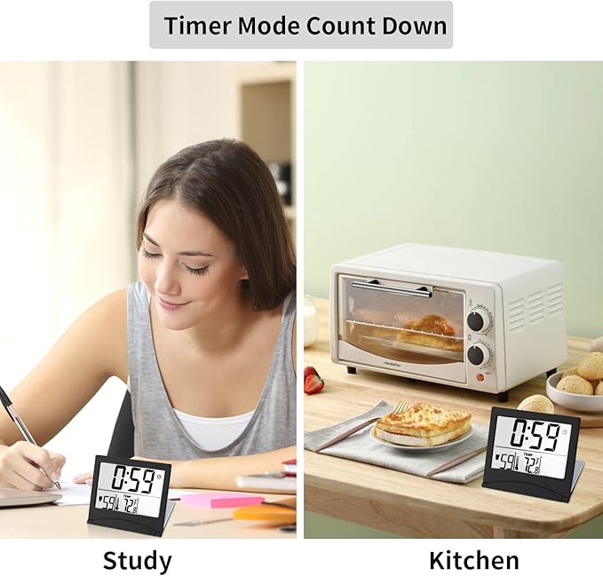 KANBIT Small Digital Travel Alarm Clock Battery Operated, Portable Large Number Display Alarm Clock with Date & Temperature,12/24 H Small Desk Clock-Black(No Light)