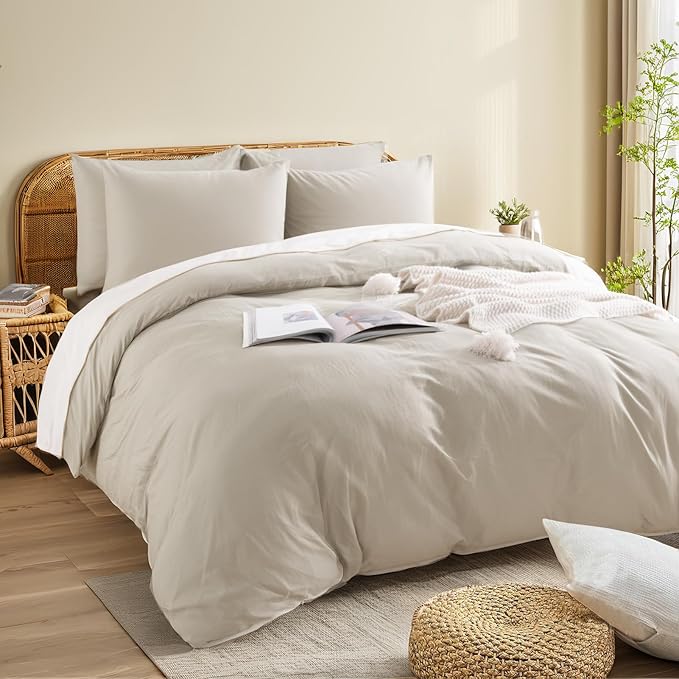 NEXHOME PRO 100% Washed Cotton Duvet Cover King Size, Ogranic Natural Linen Feel Breathable Bedding Set with Zipper Closure, 3 Pieces Duvet Cover Set Linen (No Comfortert) 10490