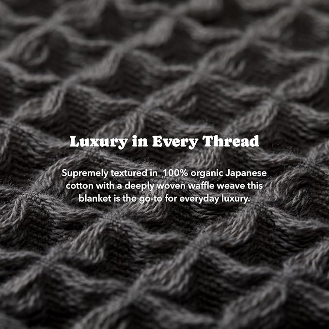 Luxury Organic Japanese Cotton Waffle Towelket Throw Blanket Bedspread for All Sleepers | Soft, Breathable and Thermoregulating (Smoke Grey, 67''x91'')