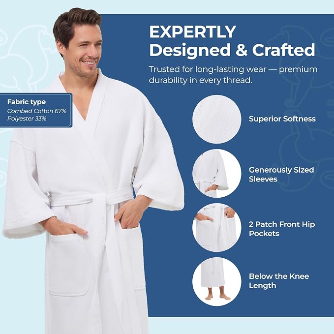 MONARCH Unisex Diamond Waffle Spa Kimono Robe – Soft Lightweight Fabric, Generously Sized Hotel & Spa Robe with Pockets