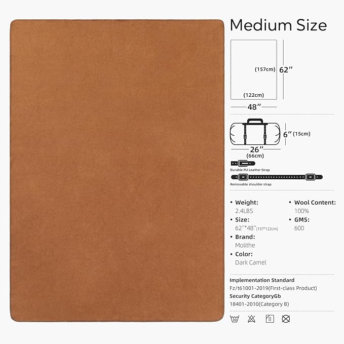 Molithe 100% Wool Blanket, 48" x 62", Warm, Thick, Washable, Military Wool Blanket, Great for Camping, Outdoors, Sporting Events, Survival Kits, Dark Camel