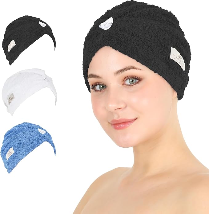 HALLEY Cotton Hair Towel Wrap (3 Packs) Super Absorbent Fast Drying Hair Towel for Thick Hair Turbans for Wet Hair with Button (Black, White, Blue)