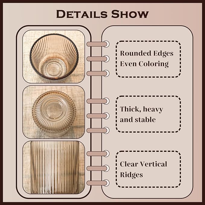 Smokey Gray Ribbed Highball Glasses Set of 6, 8.5oz Vintage Highball Tumblers,Colored Drinking Glasses for Water,Juice,Coffee,Cocktails,Gray Glassware,Housewarming & Party Gift