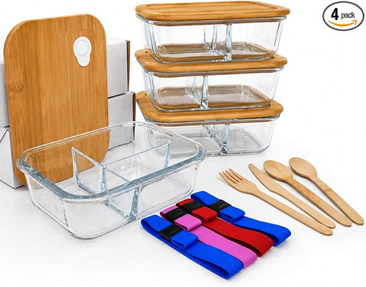 Glass Food Storage Containers with Bamboo Lids, Airtight Containers, Non Toxic Food Storage, Eco Friendly Fridge Storage Containers Includes Elastic Bands and Utensils (4 Count)