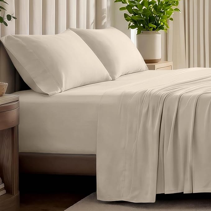 Bare Home 100% Organic Cotton Jersey Sheet Set, Ultra Soft, 100% Cotton - Sheet Set & Pillowcases - Deep Pocket Bed Sheets (Split King, Sand)
