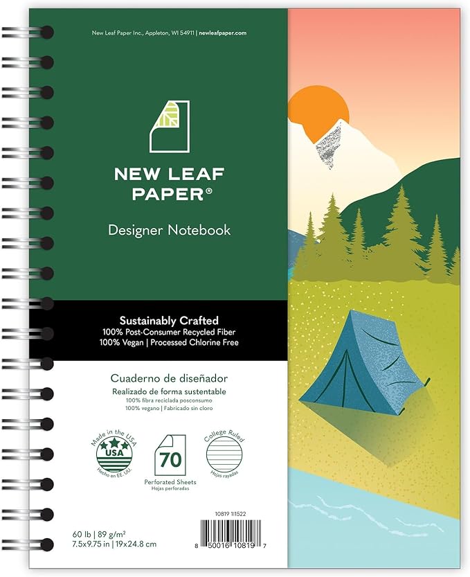 New Leaf Paper Small Spiral Bound Designer Notebooks, Bulk Pack of 12, Camping Design, 9.75" x 7.5" 70 Sheets, 100% Recycled College Ruled Pages, Vegan, Made in USA