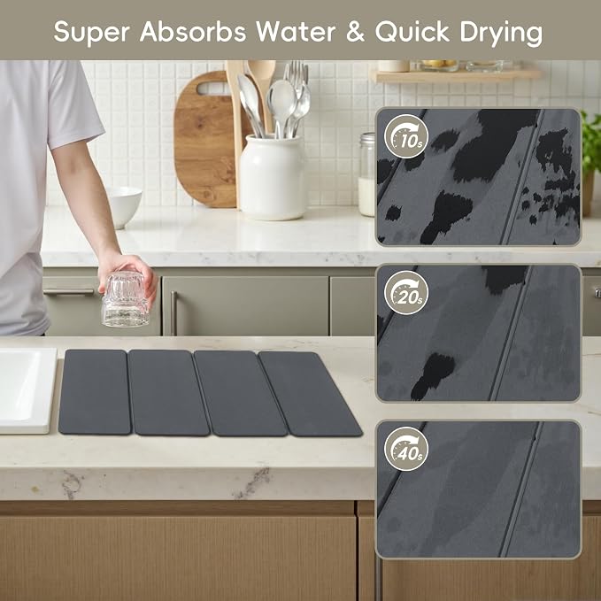 Small Stone Drying Mats for Kitchen Counter, Quick Dry Stone Dish Drying Mat 16"(L)×12"(W), Foldable Absorbent Diatomaceous Pad for Dish Rack, Plates, Cups, Pans