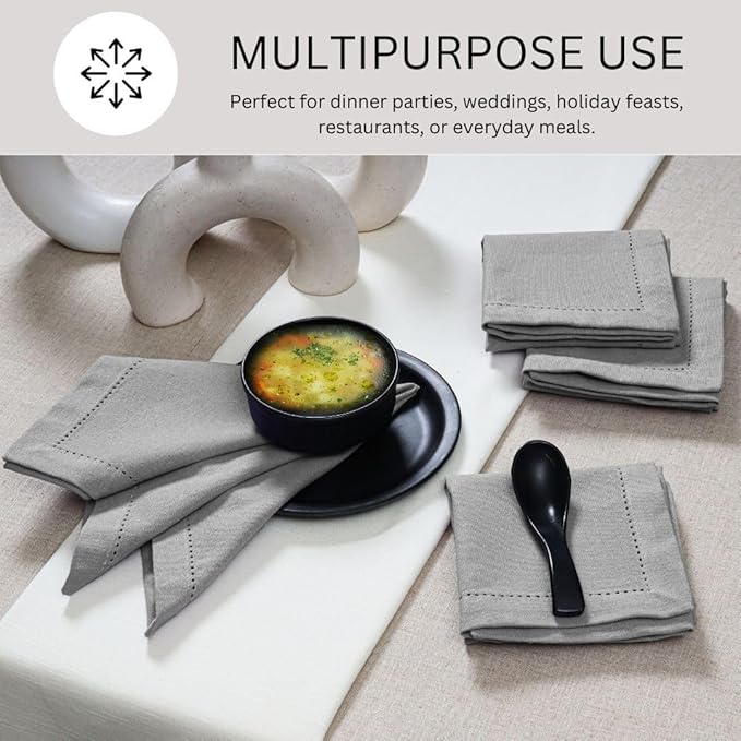 Hemstitch Cloth Dinner Napkins 100% Cotton Set of 6 - for Dining Special Occasions Weddings Parties Holidays Easter - Soft Durable Washable - 18x18 Inch Table Cloth Napkins Light Grey