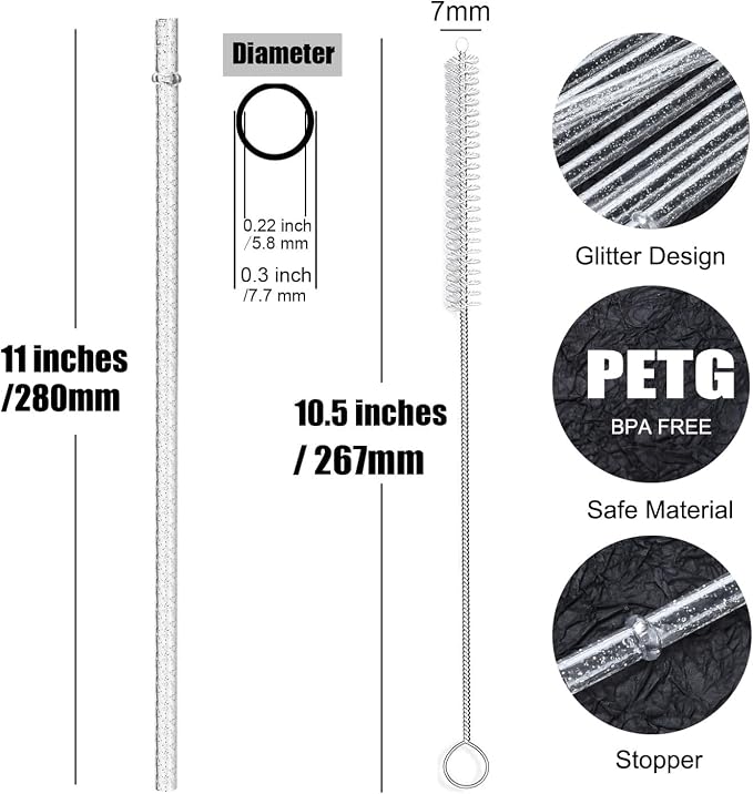 ALINK 12-Pack Reusable Glitter Straws, 11" Long Clear Hard Plastic Tumbler Straws, Replacement Drinking Straws for 20 OZ 30 OZ Stanley, Yeti/Rtic, Starbucks, Mason Jars with Brush