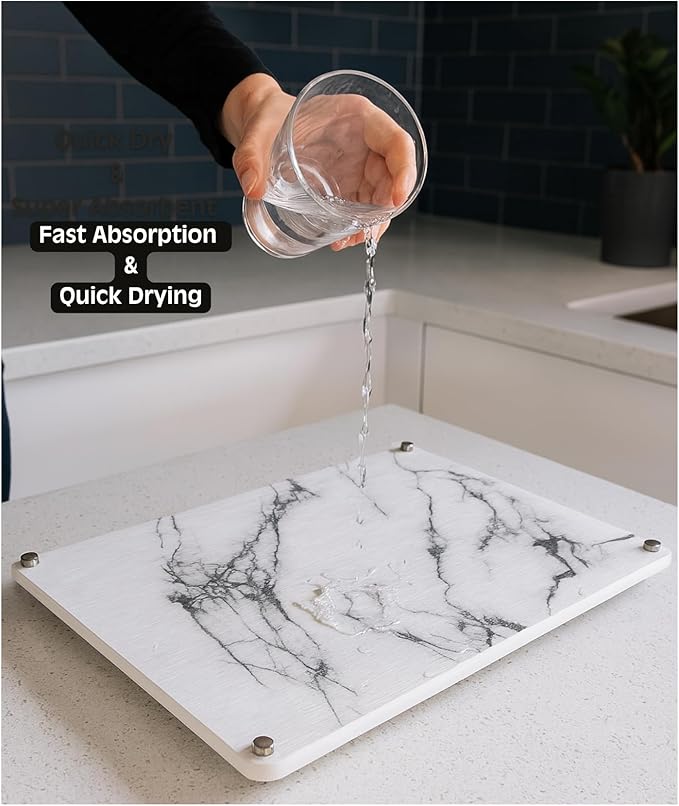 Stone Dish Drying Mat for Kitchen Counter, Diatomaceous Earth Dish Drying Mat, Non Slip, Quick Drying, Super Absorbent, Multipurpose,15.7" x 11.8" inches, White Marble Pattern