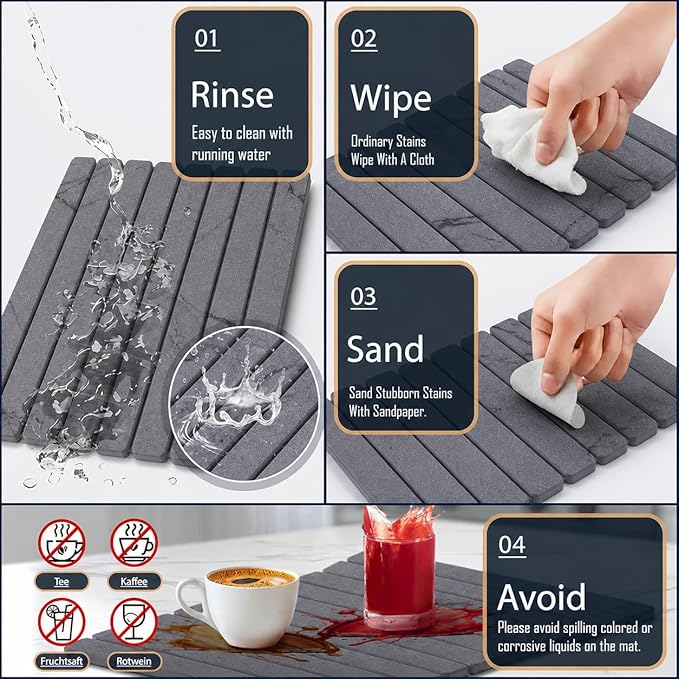 Stone Drying Mat for Kitchen Counter, 24"(L)×16"(W), Diatomaceous Earth Dish Drying Mat for Kitchen Counter, Quick Dry Stone Dishes Mats, Foldable Quick Dry Mats for kitchen, Bathroom, Dark Gray