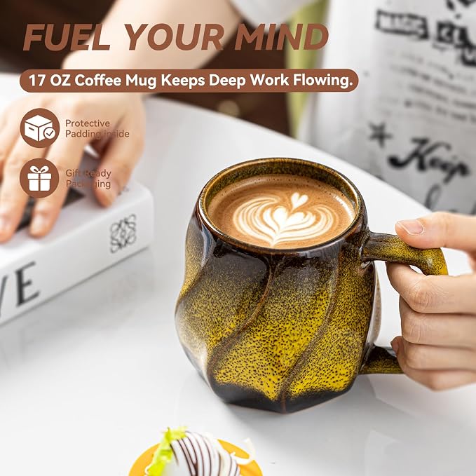 Amber Hearth Ceramic Coffee Mug - 17 oz Unique Reactive Glaze Coffee Cup with Ergonomic Large Handle, Ceramic Mug for Office Home, Birthday Gift for Men Women