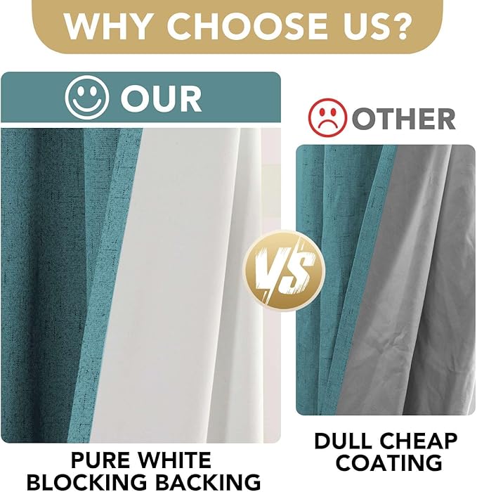 H.VERSAILTEX Blackout Curtains Linen Curtains 120 inches Long 100% Black Out Curtains for Bedroom Windows, Textured Linen Look Draperies Grommet with White Liner, 2 Panels, Teal
